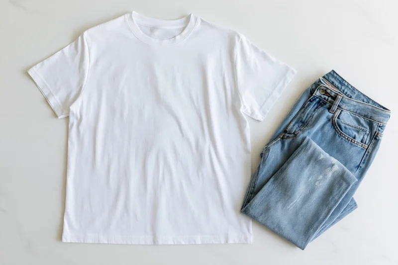 Plain white crew-neck t-shirt and folded blue jeans laid flat on a marble surface