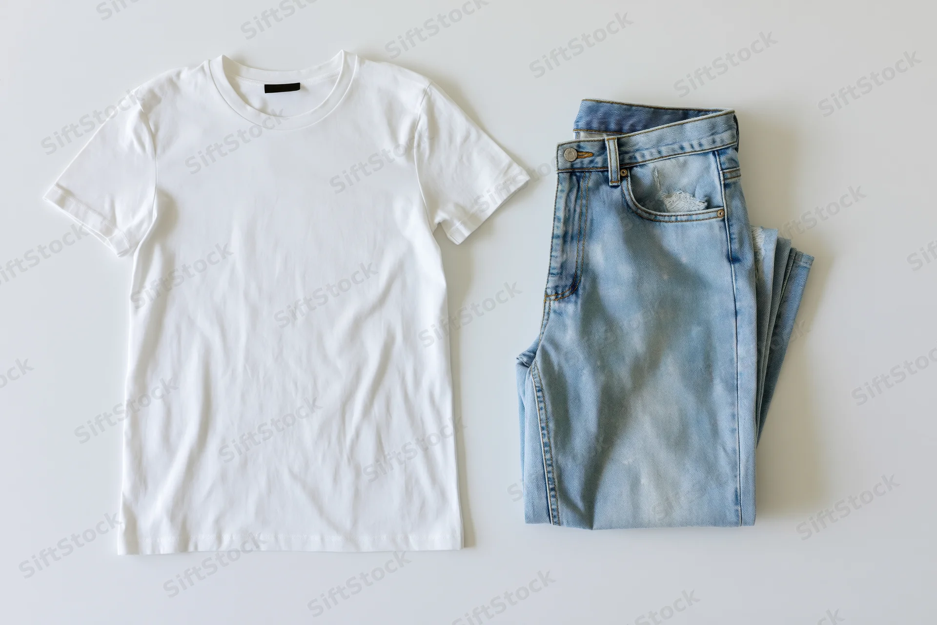 Plain white t-shirt and folded blue jeans laid flat on white surface