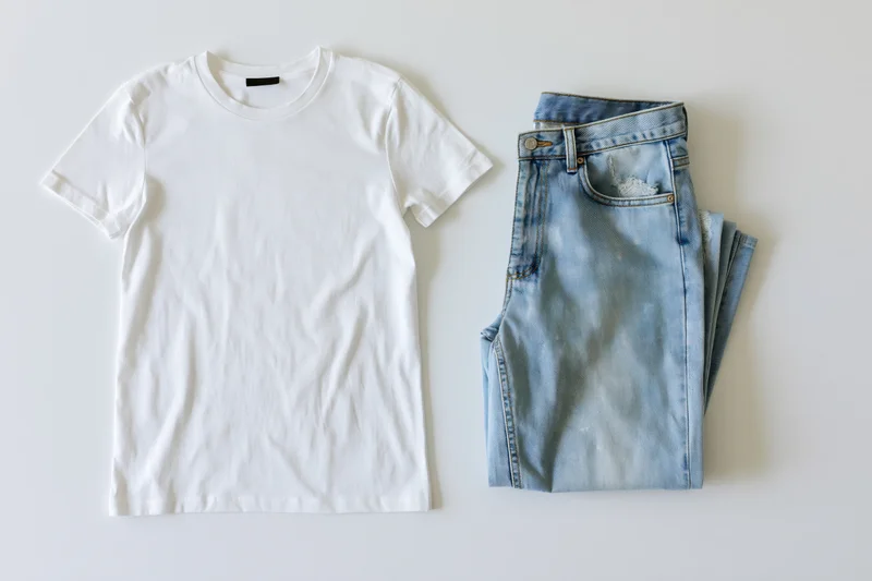 Plain white t-shirt and folded blue jeans laid flat on white surface
