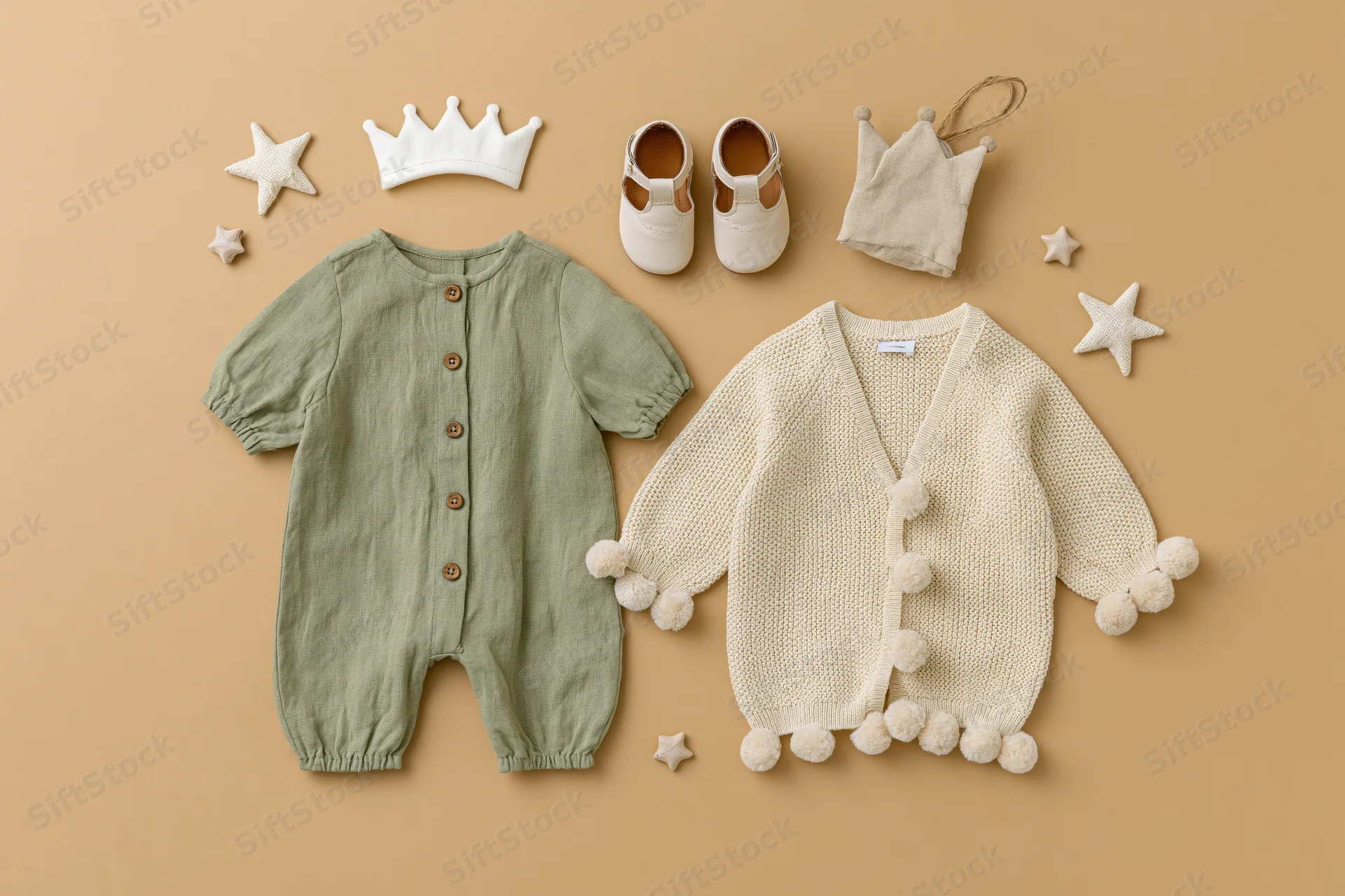 Baby clothing and accessories arranged in flat lay on warm beige background