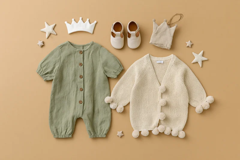 Baby clothing and accessories arranged in flat lay on warm beige background