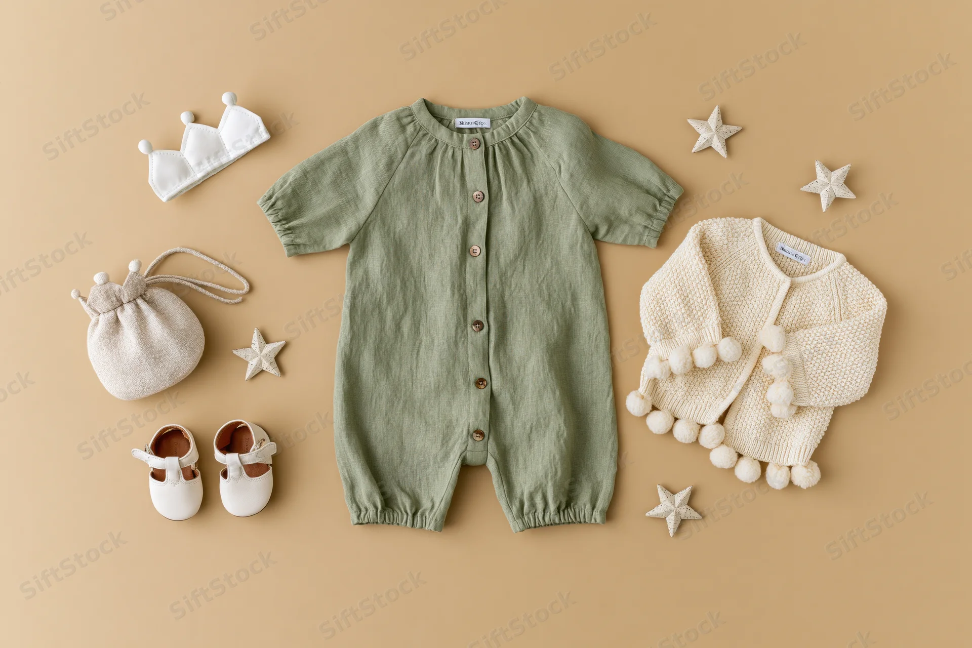 Baby clothing and accessories arranged in flat lay on warm beige background