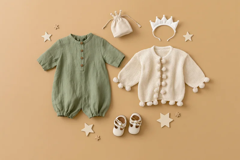 Baby clothing and accessories arranged in flat lay on beige background