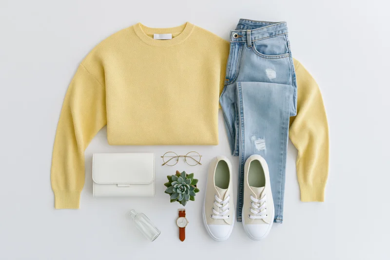 Flat lay of casual women's outfit with sweater, jeans, sneakers and accessories on white surface