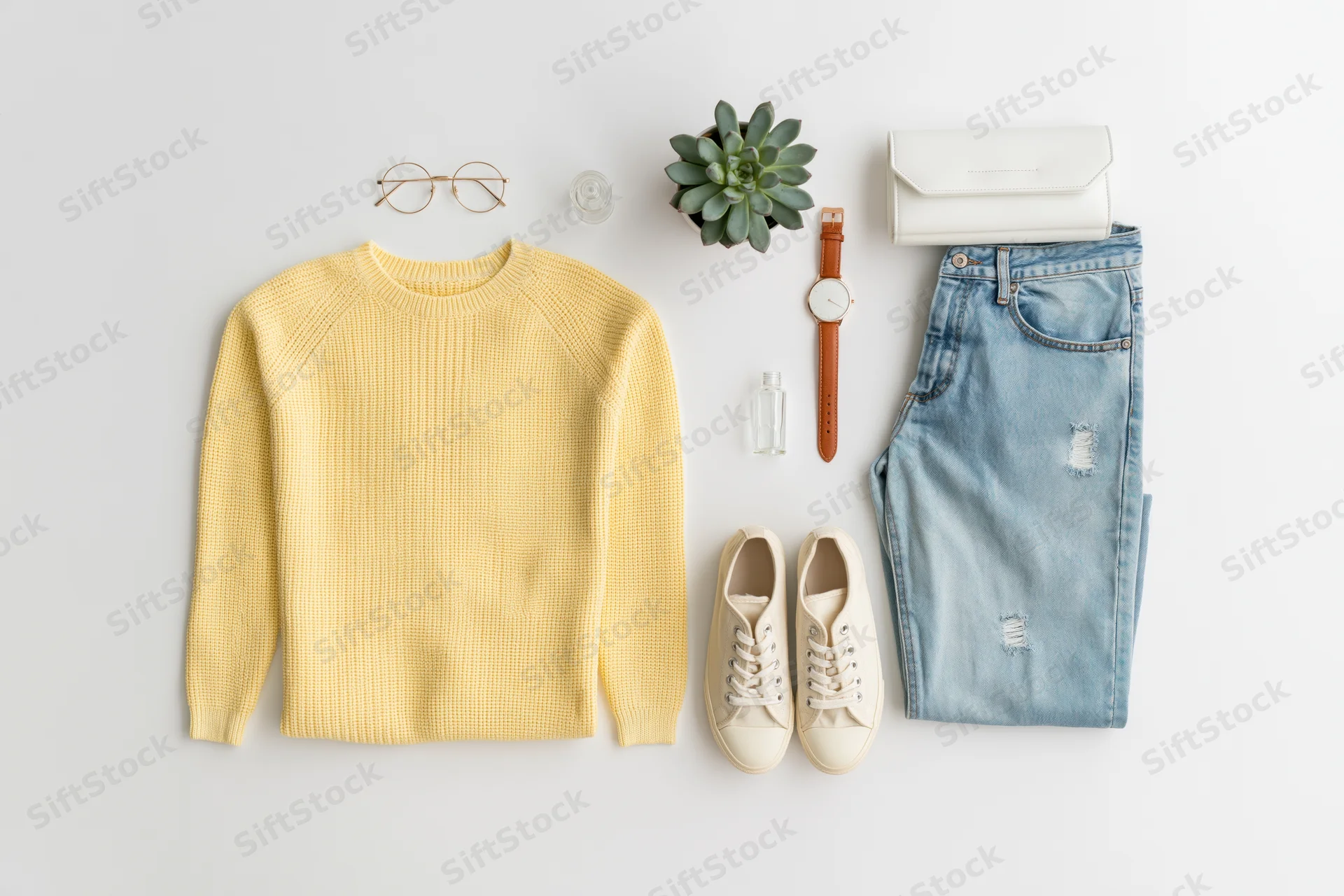 Flat lay of casual women's outfit with sweater, jeans, sneakers, accessories and plant on white surface
