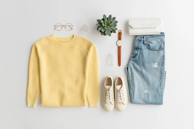 Flat lay of casual women's outfit with sweater, jeans, sneakers, accessories and plant on white surface