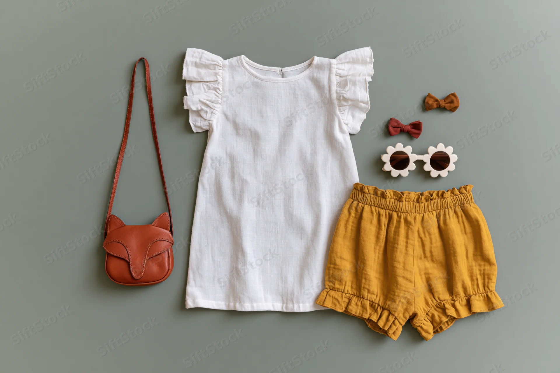 Childrens clothing and accessories arranged in flat lay on muted gray background