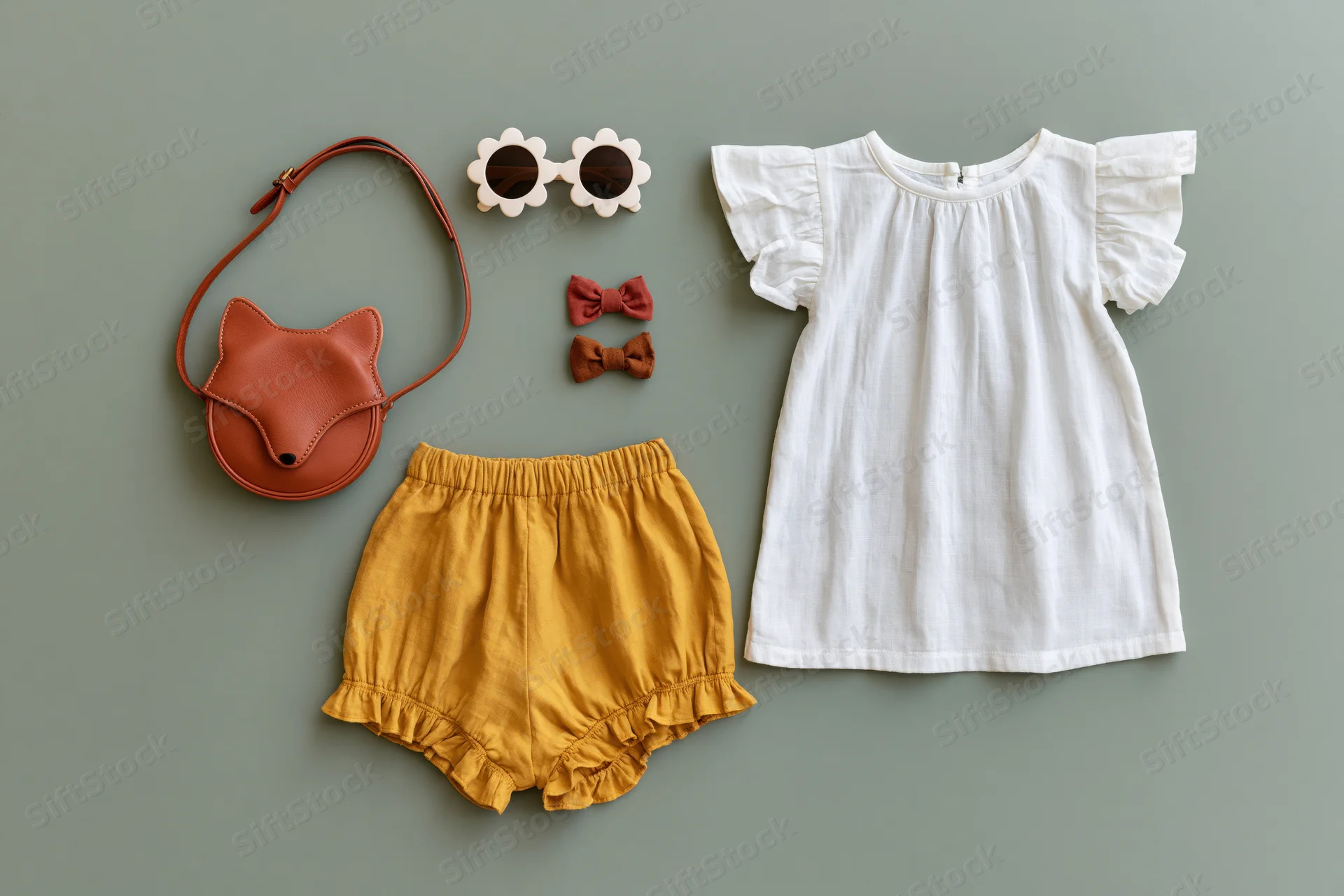 Childrens clothing and accessories arranged in flat lay on muted green background