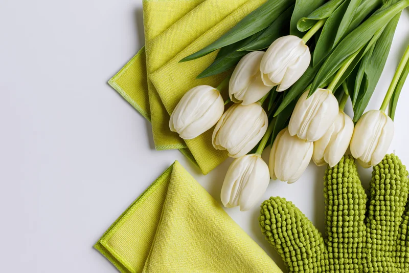 Cream tulips with green leaves arranged alongside yellow napkins and green gloves on white surface