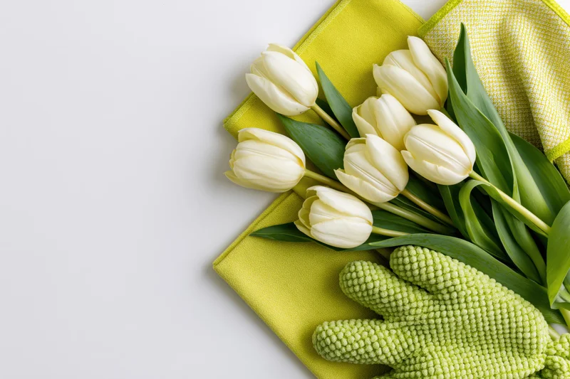 Cream tulips with green leaves arranged on yellow cloth and gardening gloves in flat lay with copyspace
