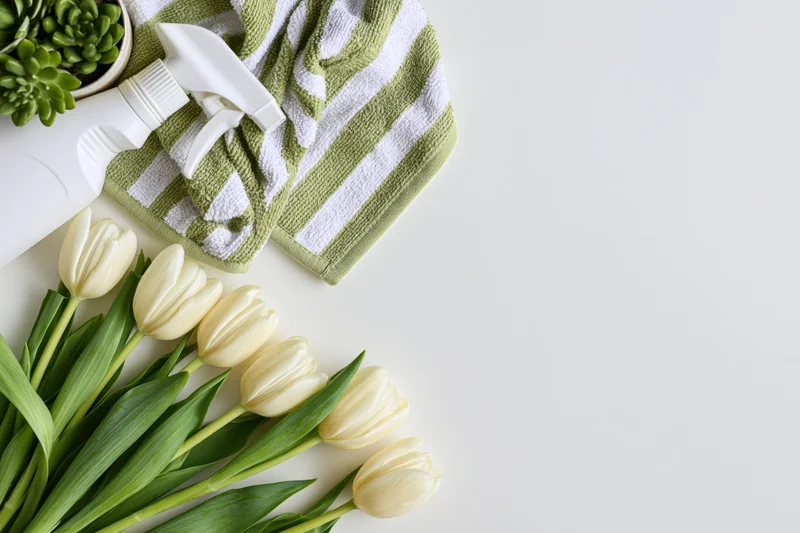Cream white tulips with green leaves arranged beside a striped towel and cleaning spray on a white surface