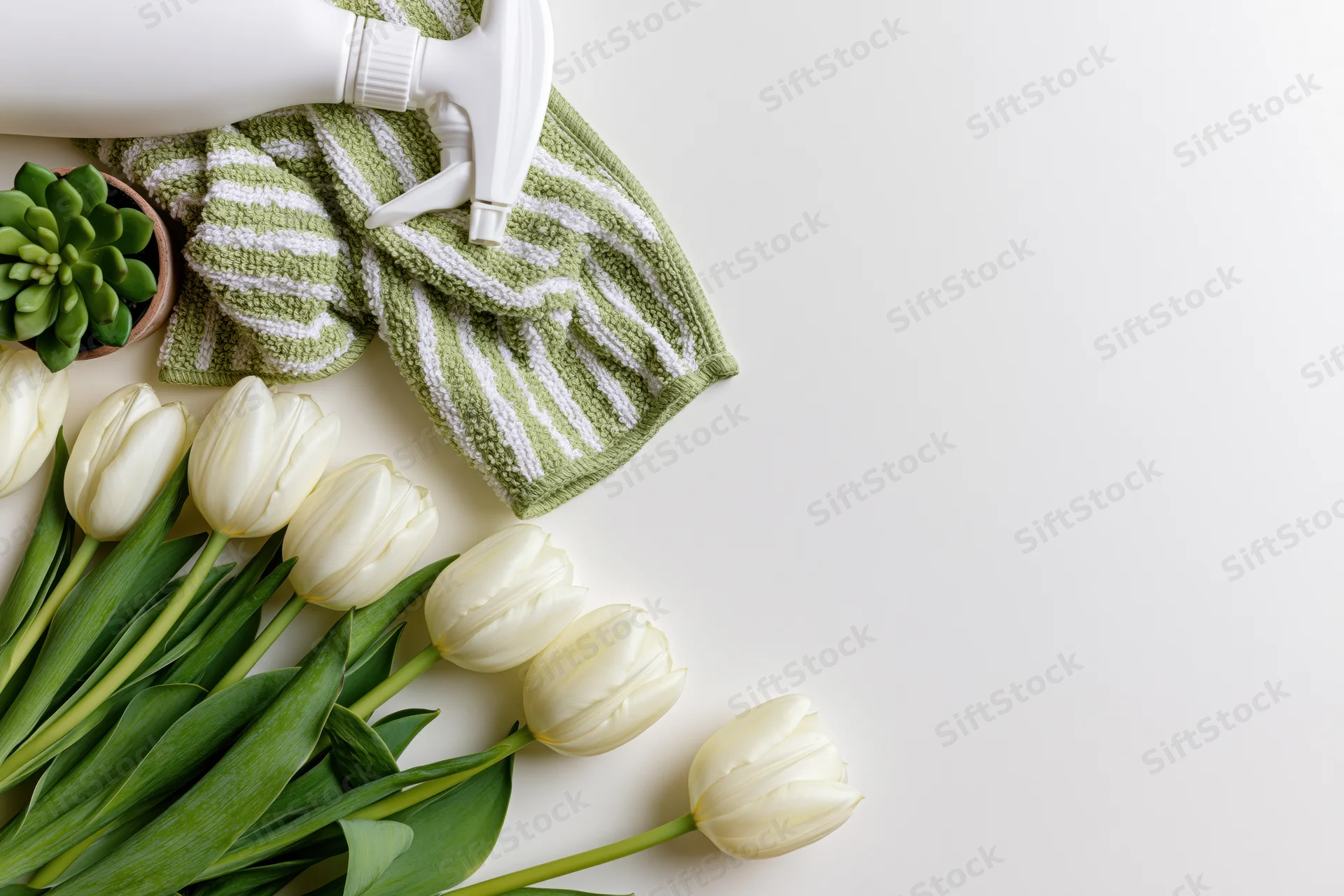 Cream white tulips with green leaves arranged with cleaning supplies and a succulent on a white surface