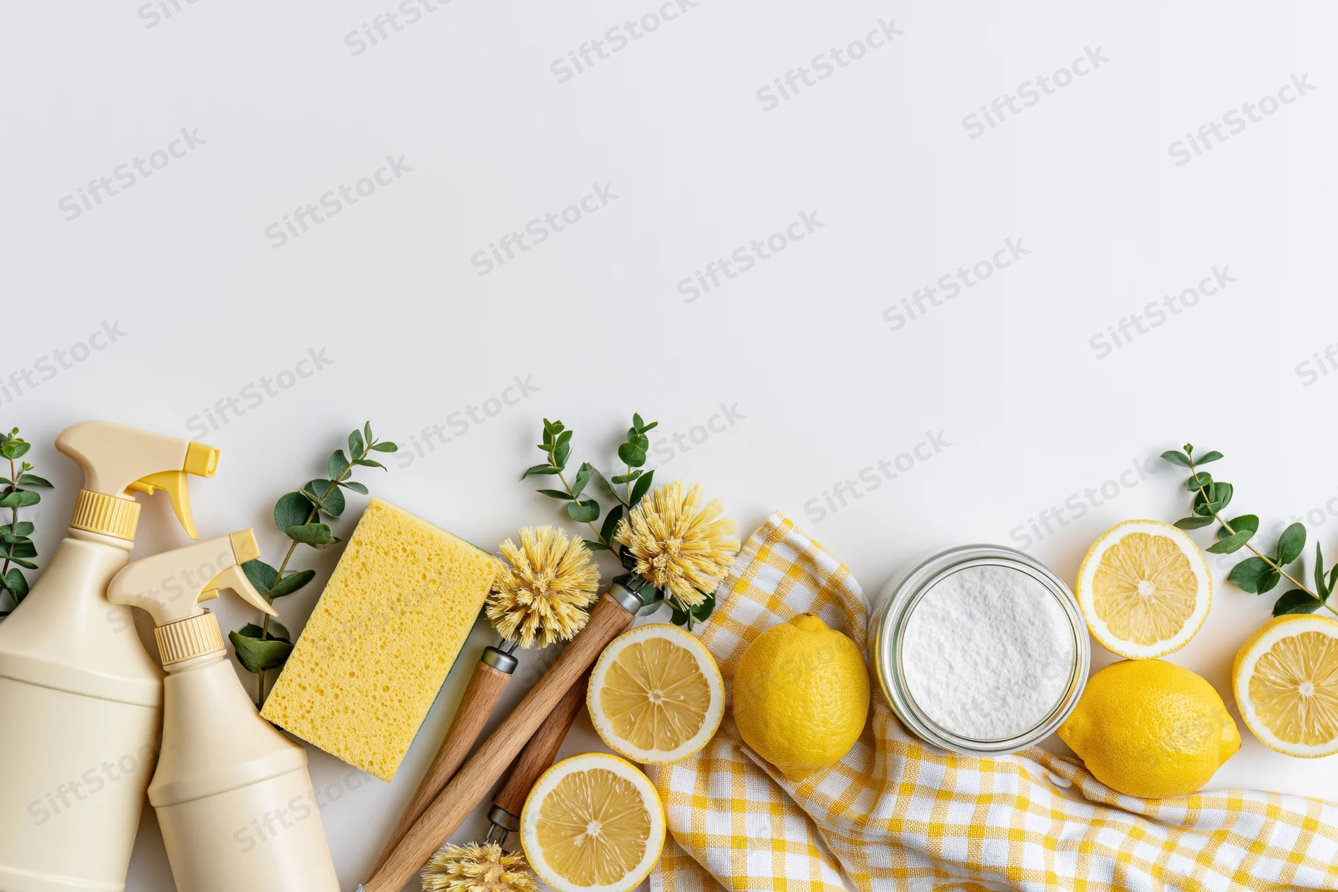 Eco-friendly cleaning supplies arranged in a flat lay with lemons, sponge, and cloth on a white surface