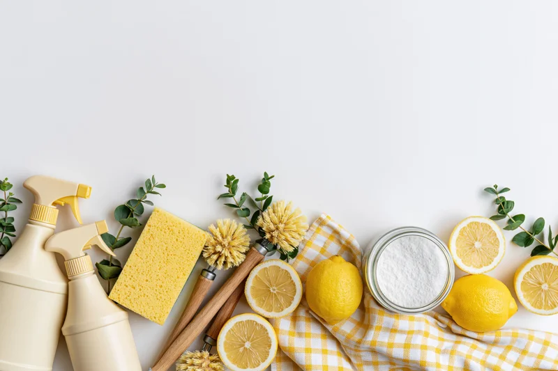 Eco-friendly cleaning supplies arranged in a flat lay with lemons, sponge, and cloth on a white surface
