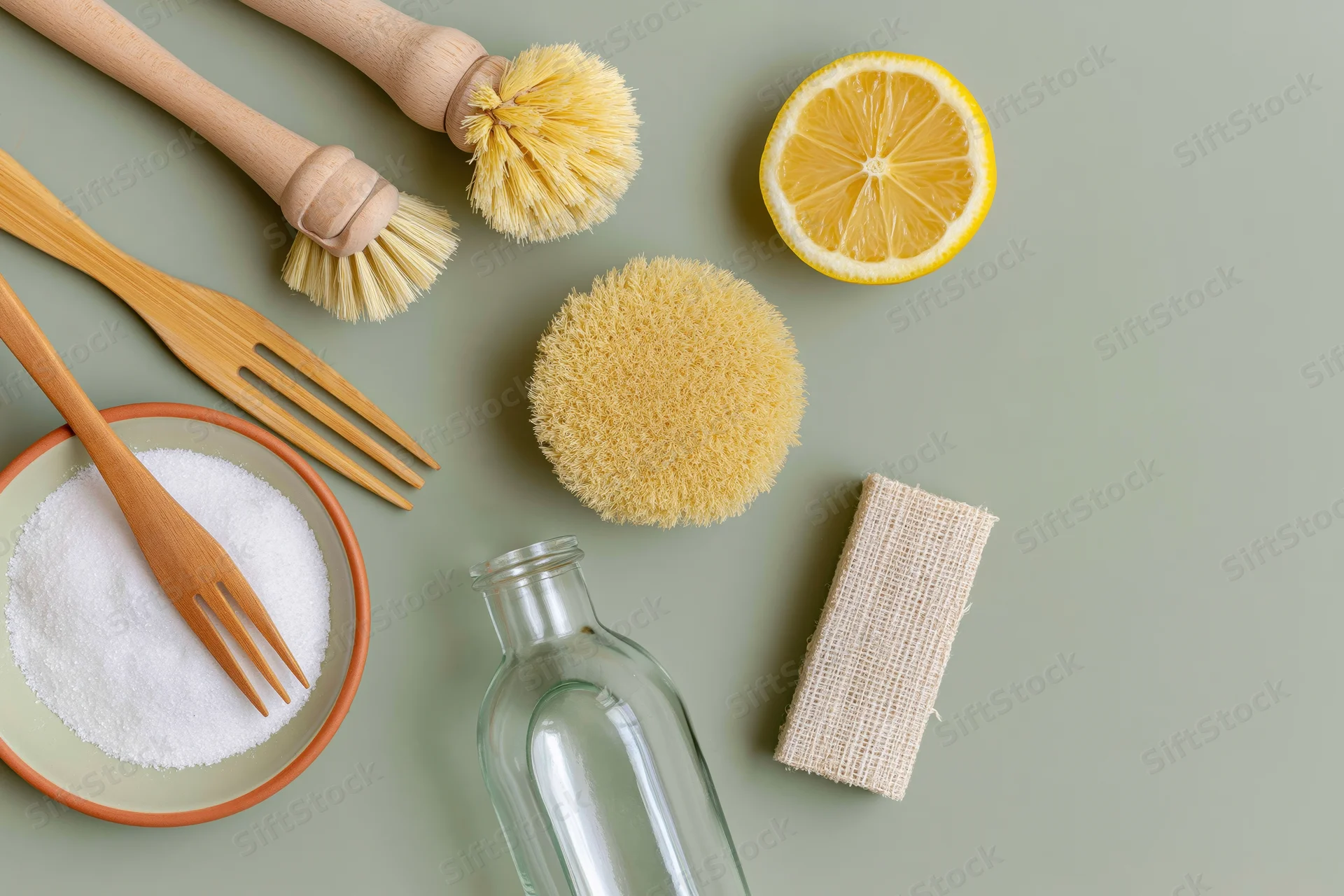 Eco-friendly cleaning supplies arranged in flat lay on muted surface with copyspace