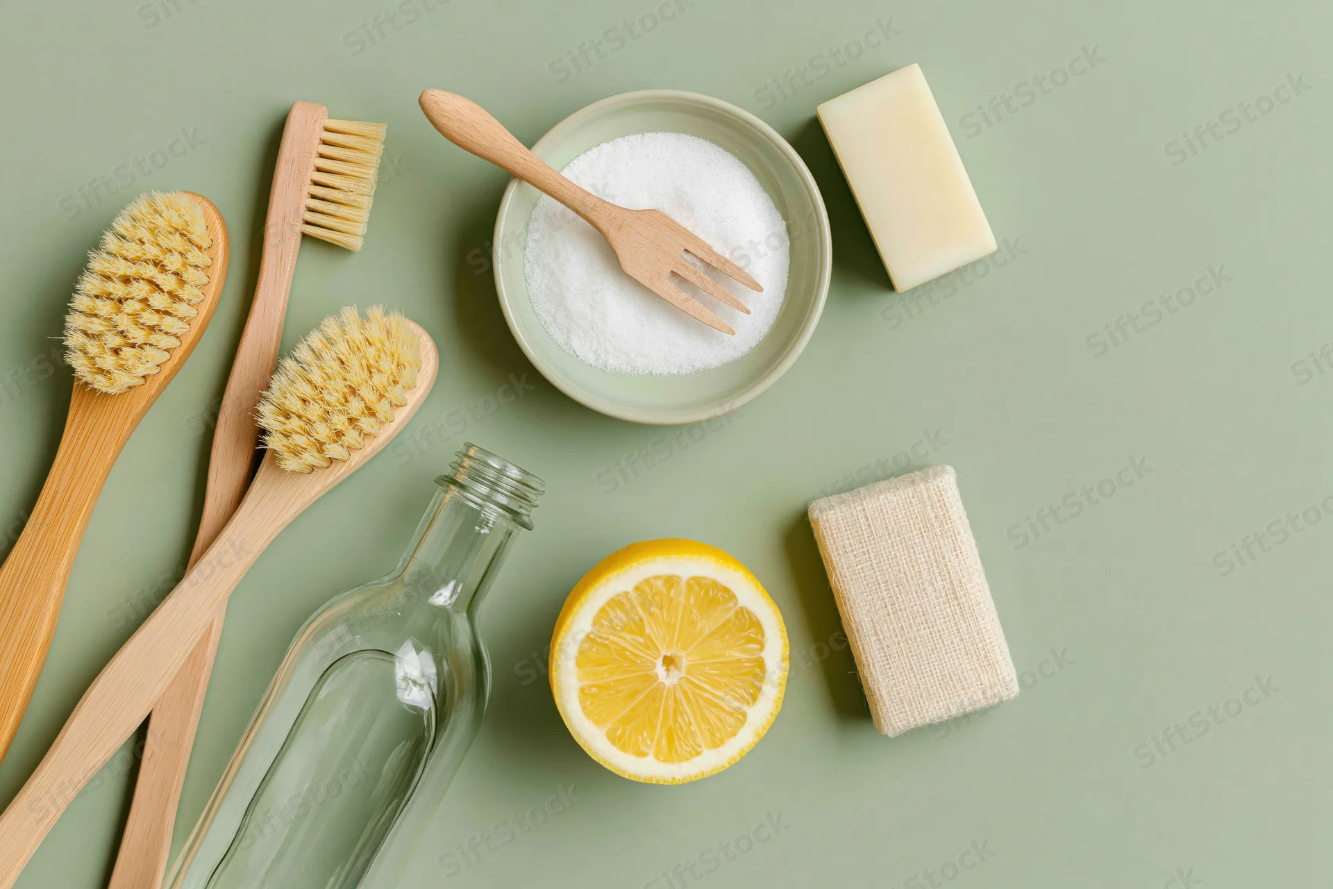 Eco-friendly cleaning supplies arranged on a muted green surface in flat lay style