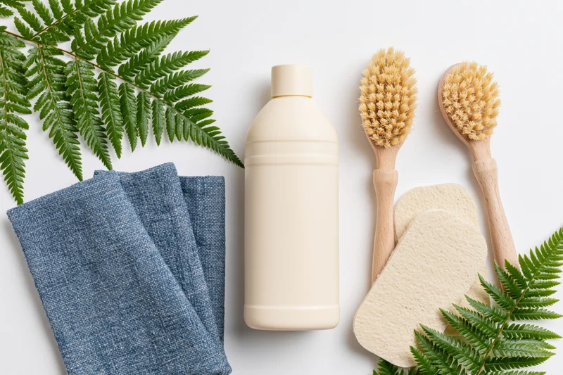 Eco-friendly cleaning supplies arranged in flat lay on white surface with fern leaves and cloth
