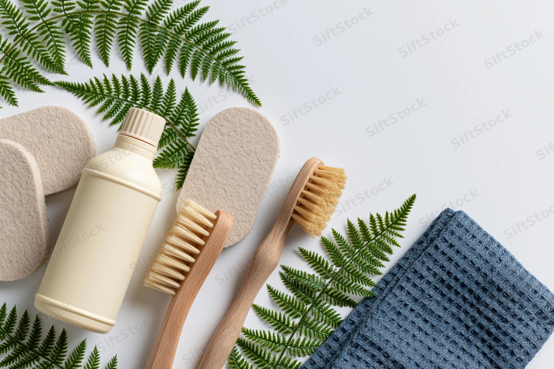 Eco-friendly cleaning supplies arranged with ferns and sponges on white surface