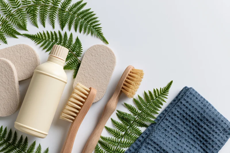 Eco-friendly cleaning supplies arranged with ferns and sponges on white surface