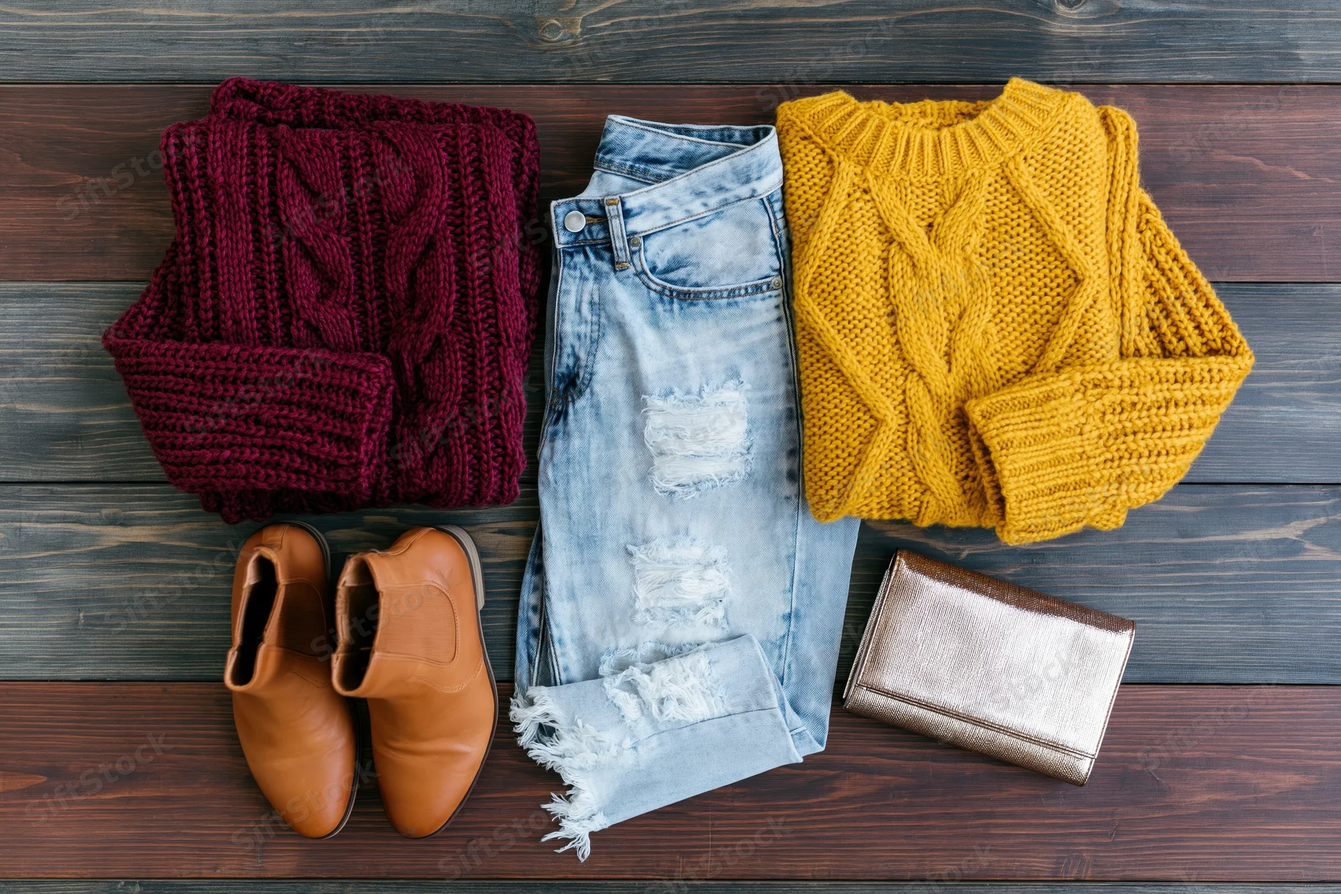 Folded knit sweaters in red and yellow with distressed jeans, leather boots and clutch arranged on dark wooden surface