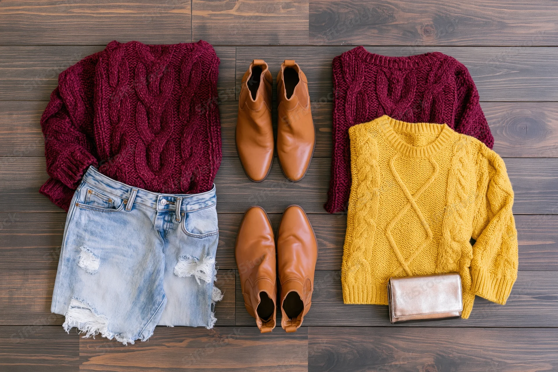 Two cableknit sweaters in burgundy and mustard with jeans, boots and a clutch arranged on a wooden floor