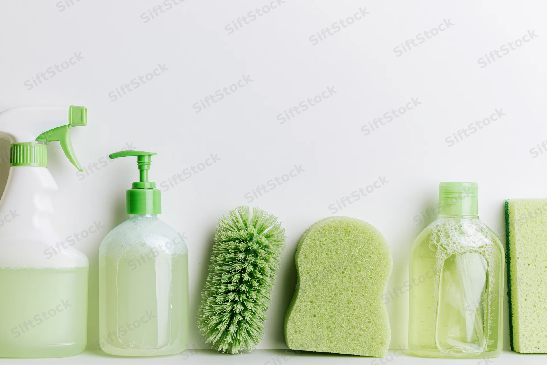 Green cleaning supplies arranged in a row along the bottom against a white background