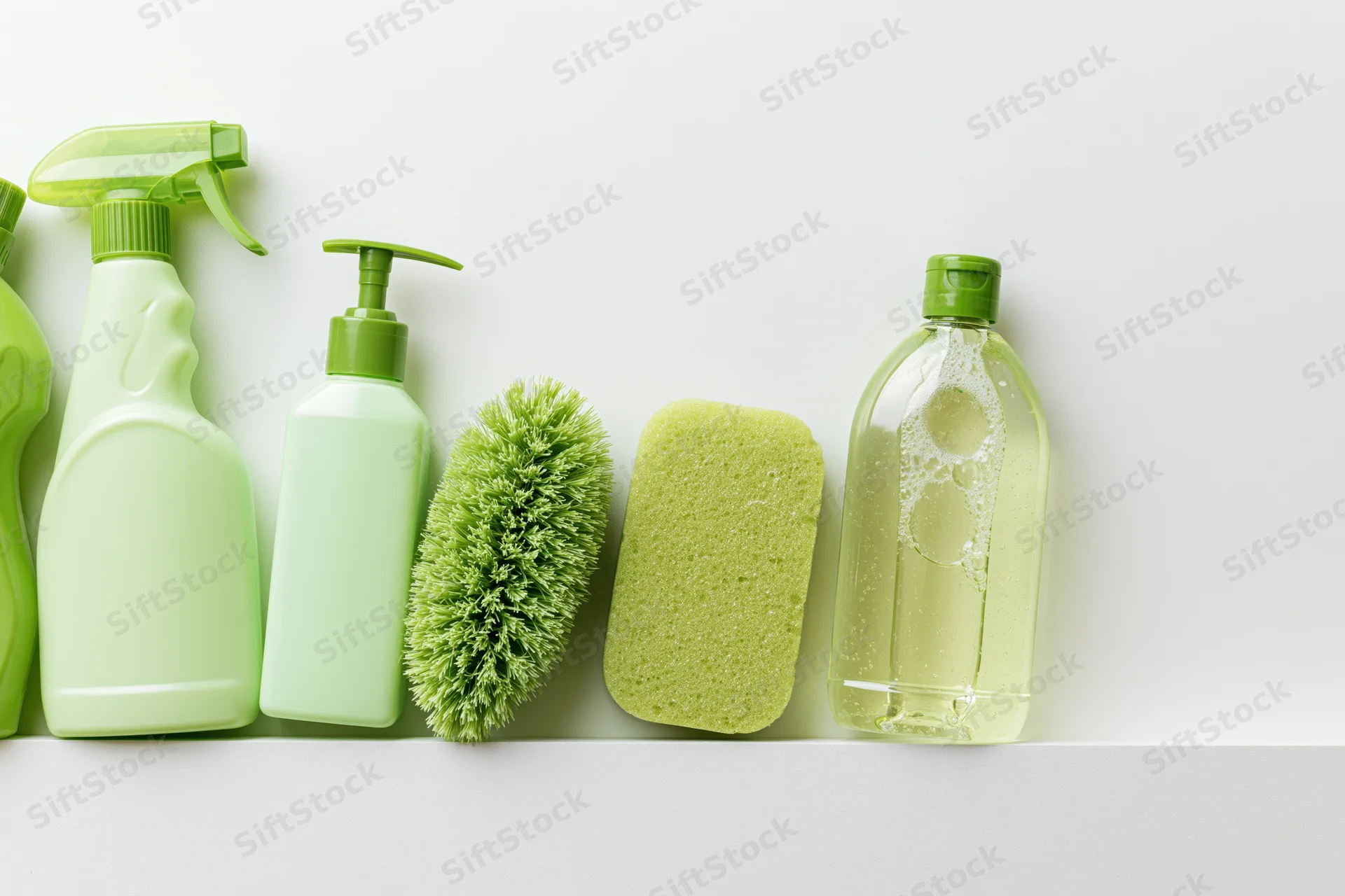 Green cleaning supplies arranged in a row on a white surface