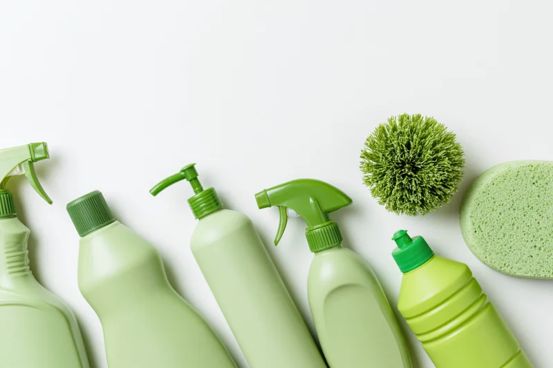 Green cleaning bottles and sponges arranged in a flat lay on white background