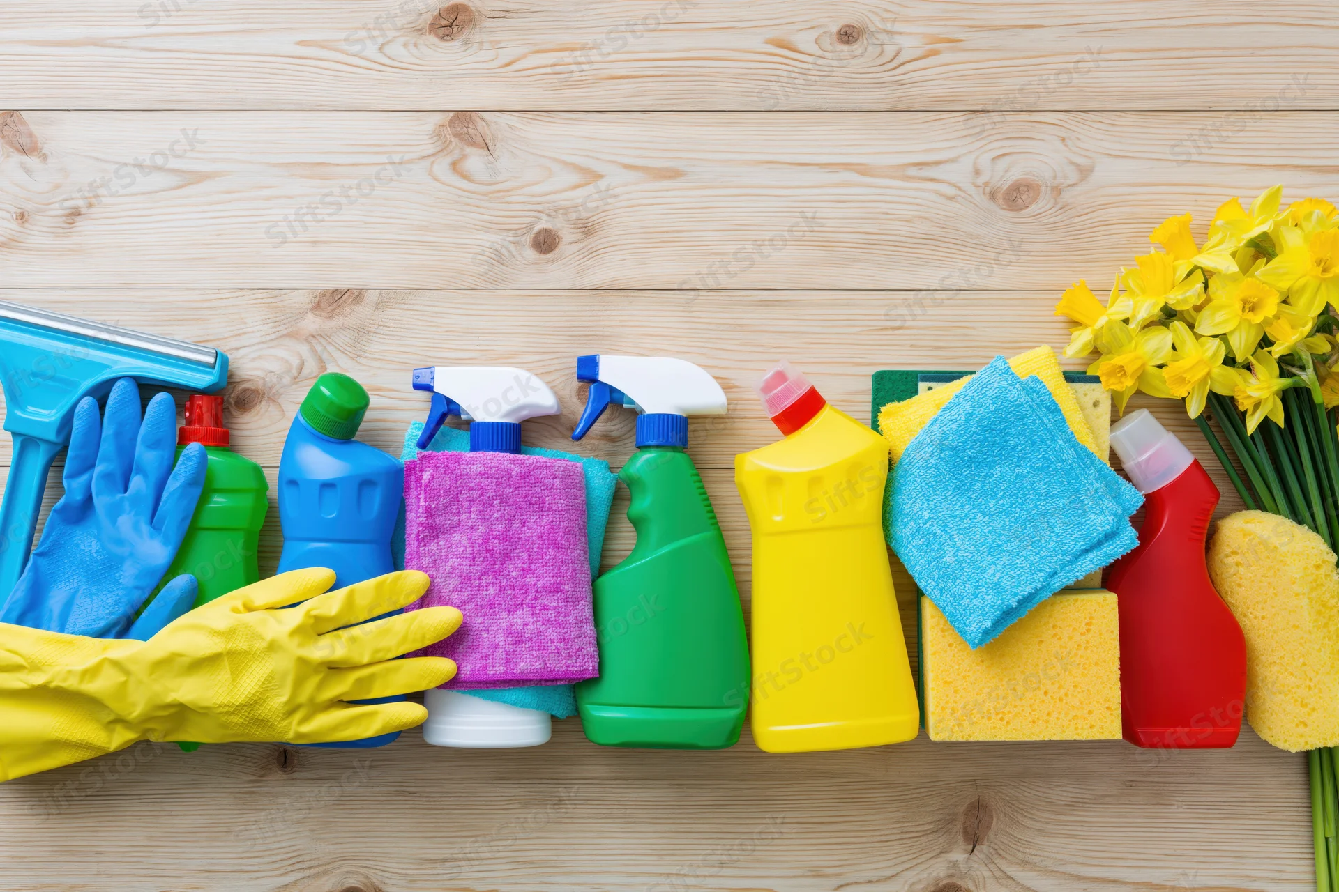 Cleaning supplies arranged in a row on a wooden surface with gloves and flowers