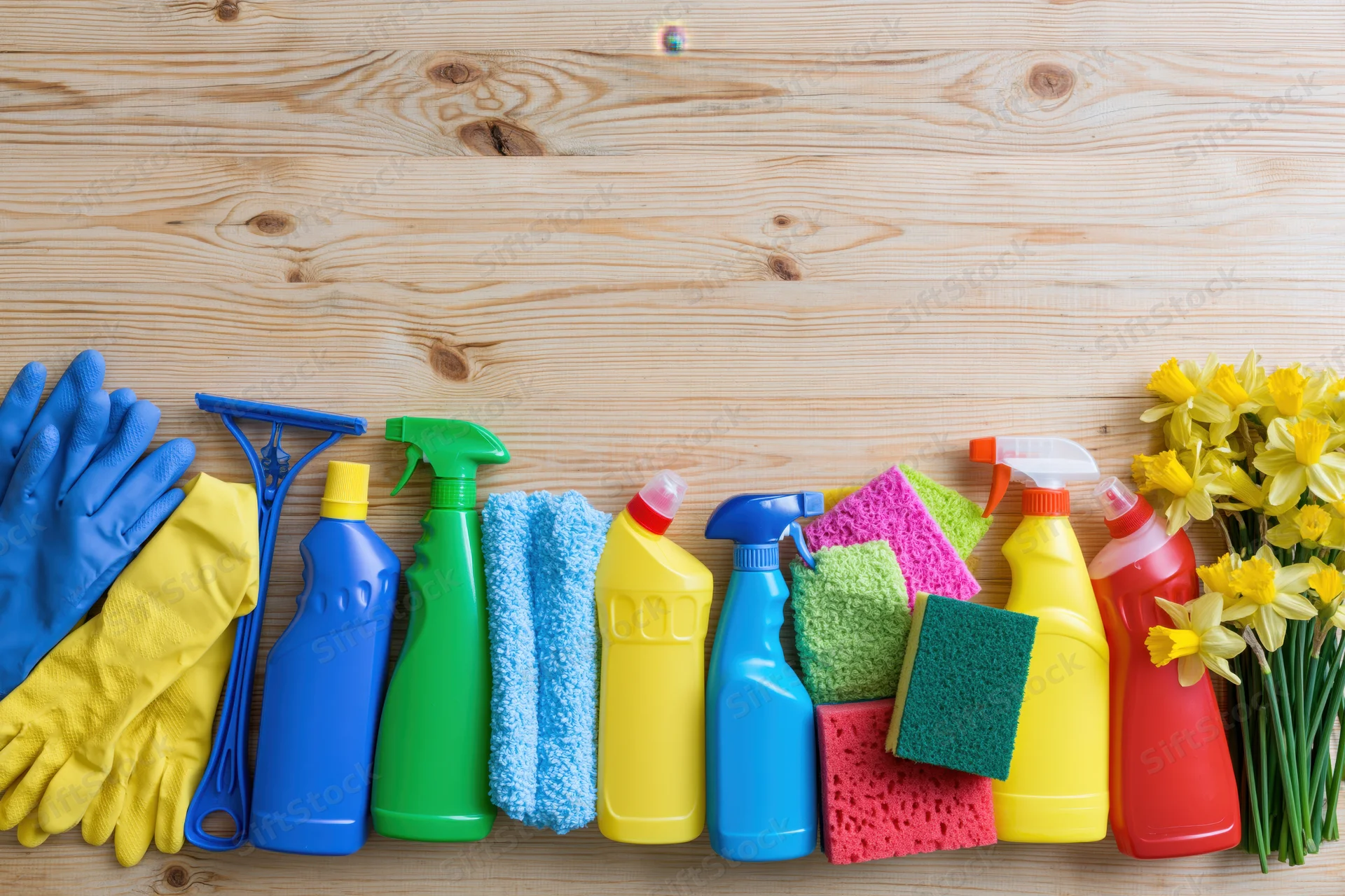 Cleaning supplies arranged in a row along the bottom of a wooden surface with daffodils on the right
