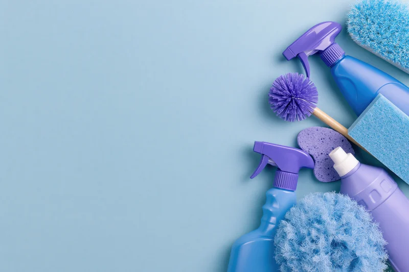 Household cleaning supplies arranged in flat lay on blue background with copyspace