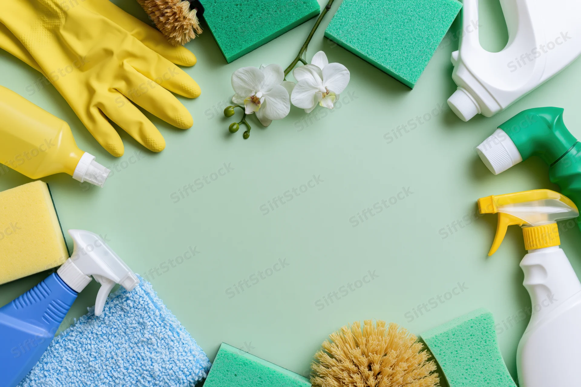 Household cleaning supplies arranged in a loose border around a green surface with a white orchid in the center