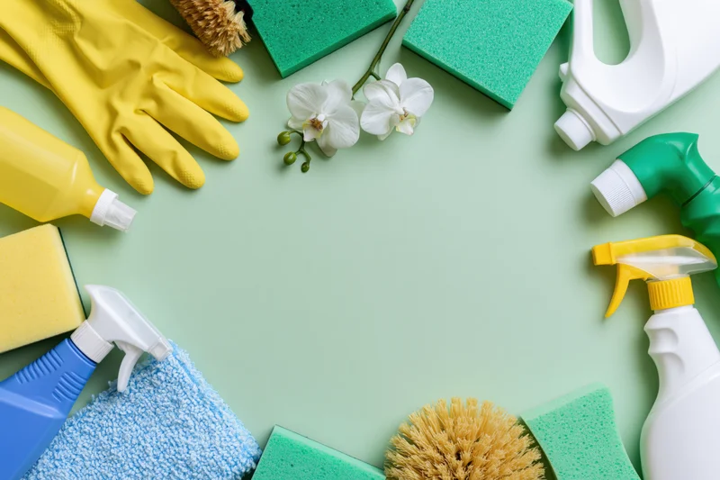 Household cleaning supplies arranged in a loose border around a green surface with a white orchid in the center