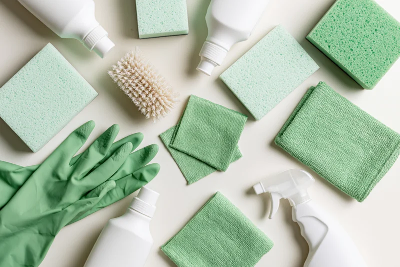 Flat lay of green and white cleaning supplies arranged on a white surface
