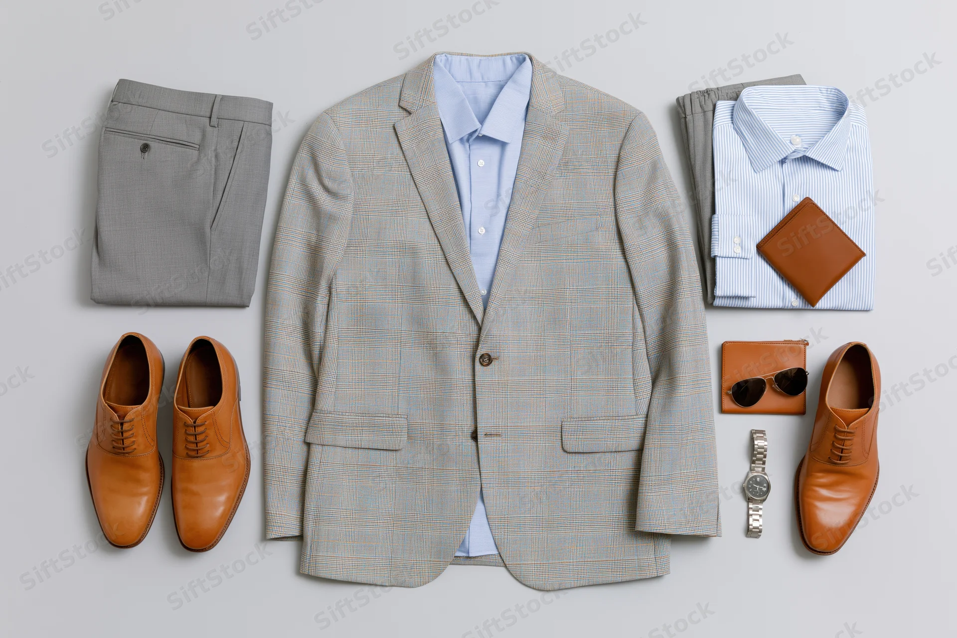 Flat lay of men's business suit with dress shirt, trousers, brown leather shoes, watch, sunglasses and wallet arranged on light grey surface