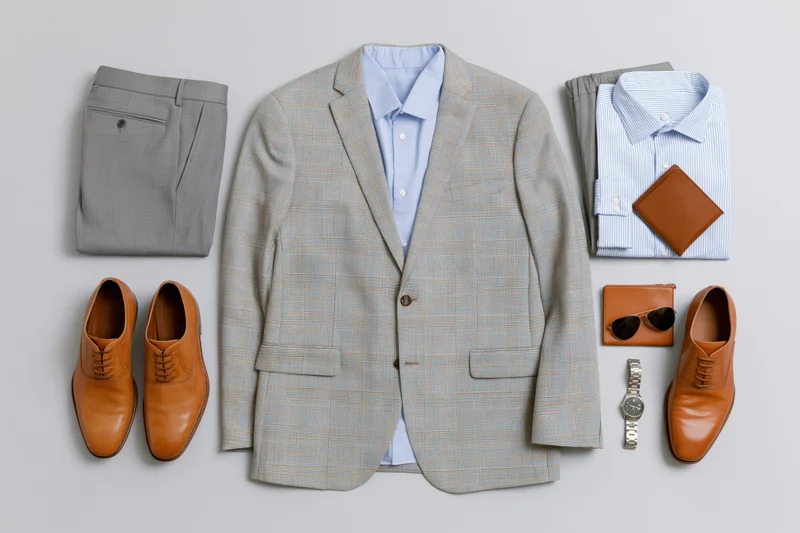Flat lay of men's business suit with dress shirt, trousers, brown leather shoes, watch, sunglasses and wallet arranged on light grey surface