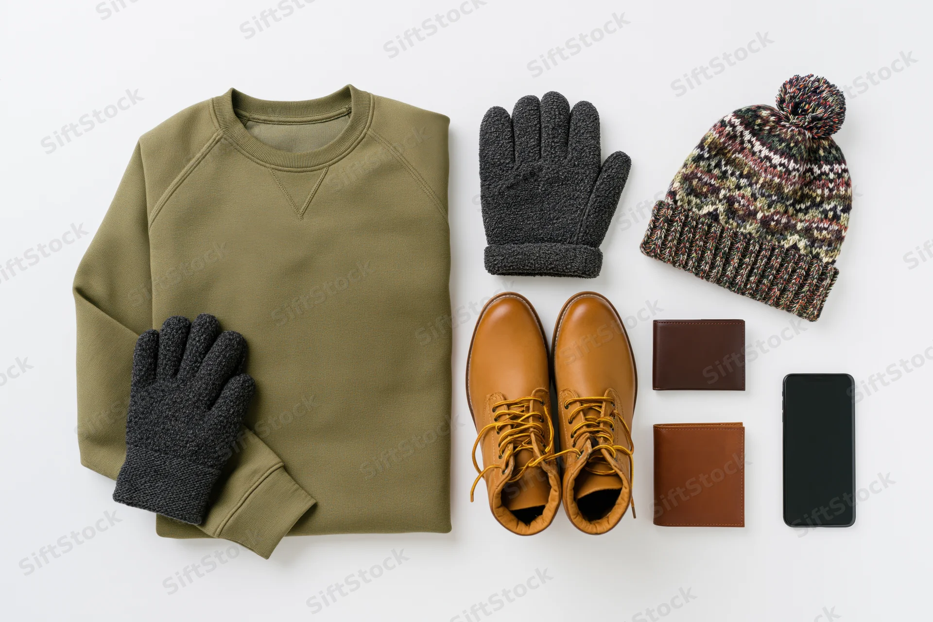 Men's winter accessories arranged in flat lay on white surface