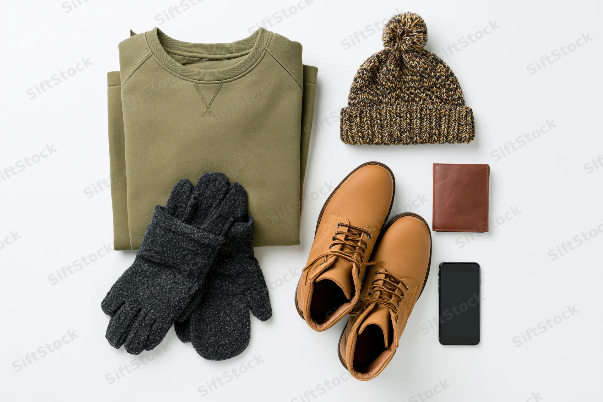 Men's winter accessories arranged in flat lay on white background