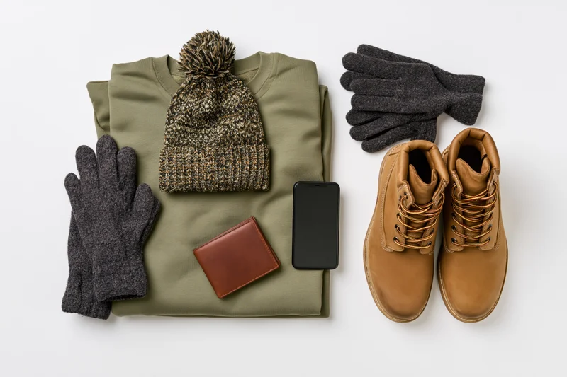 Flat lay of men's winter accessories including boots, gloves, beanie, tshirt, wallet and phone on white surface