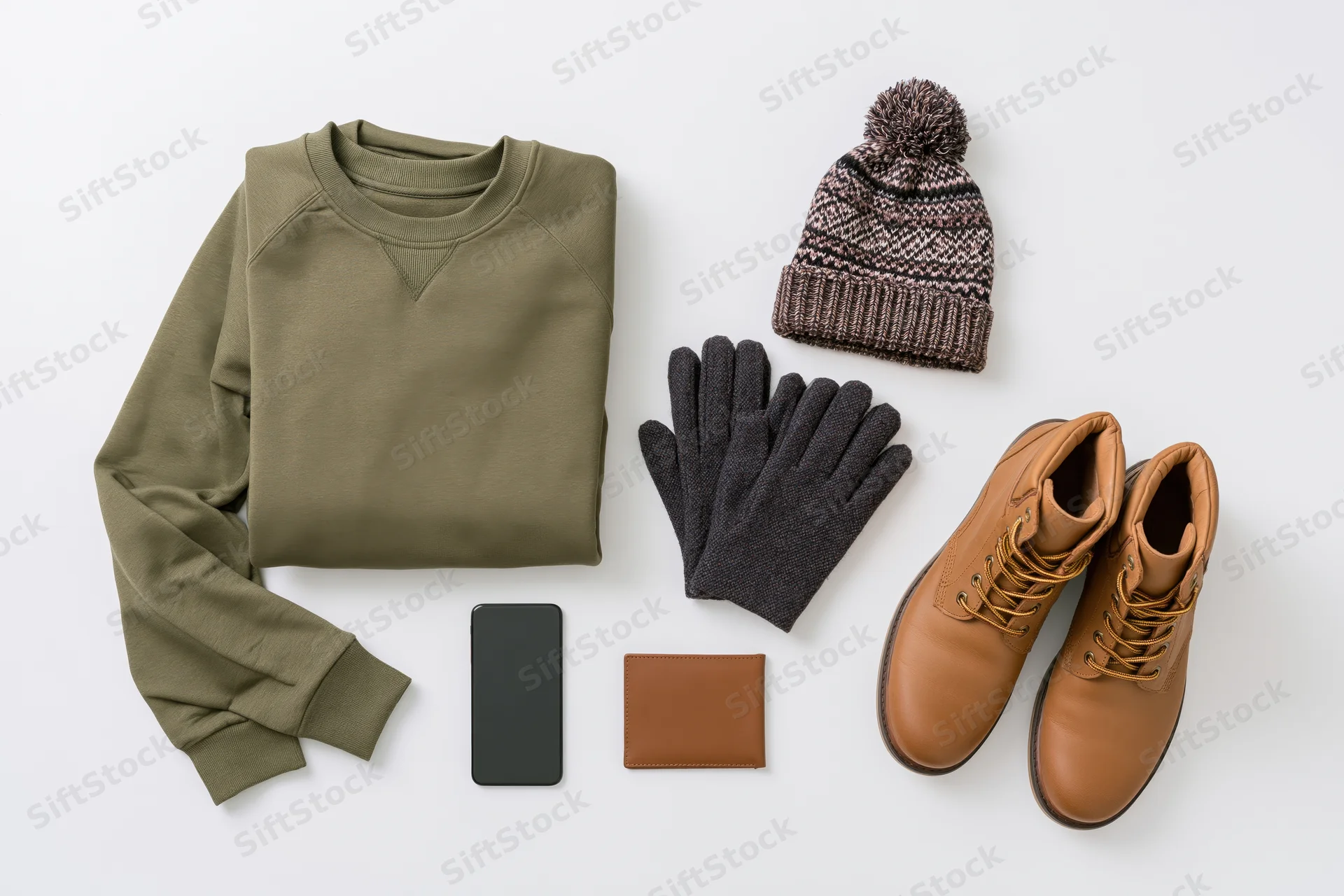 Men's winter accessories arranged in flat lay on white surface