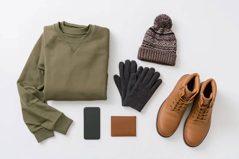 Men's winter accessories arranged in flat lay on white surface