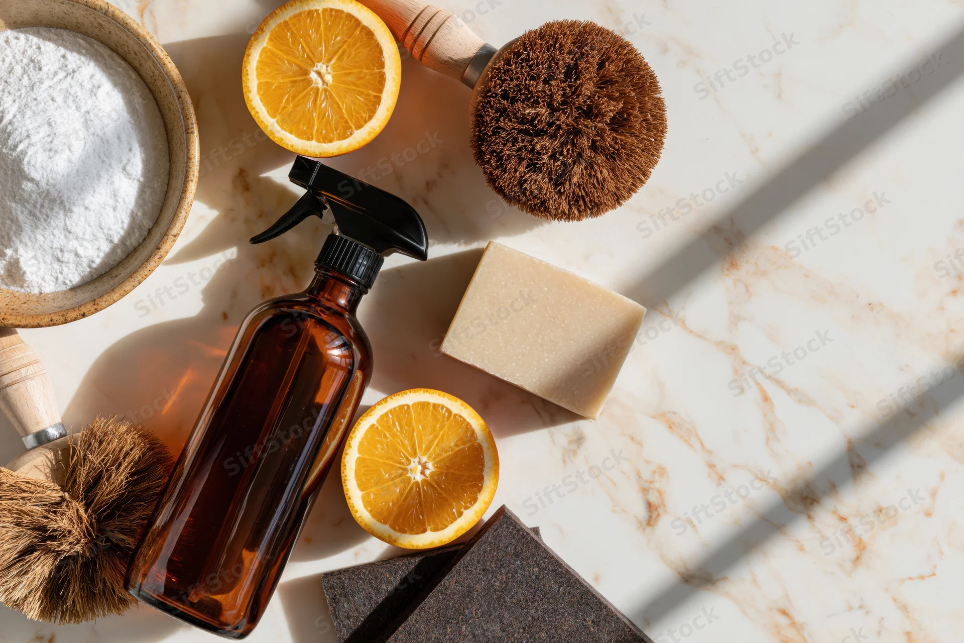 Natural cleaning supplies arranged on a marble countertop in a flat lay with lemon slices and brushes