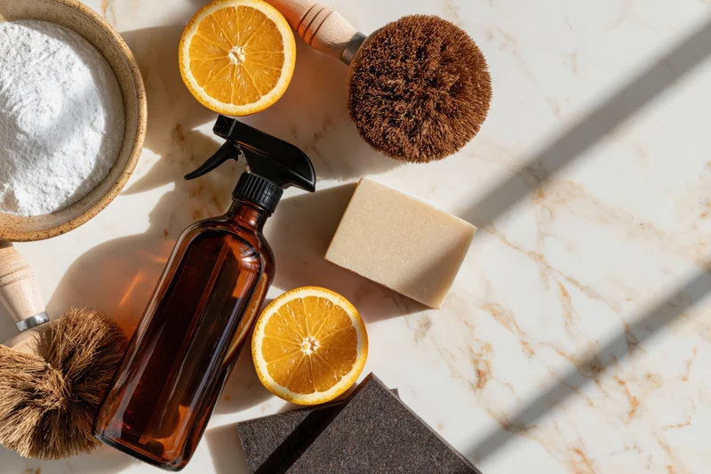 Natural cleaning supplies arranged on a marble countertop in a flat lay with lemon slices and brushes