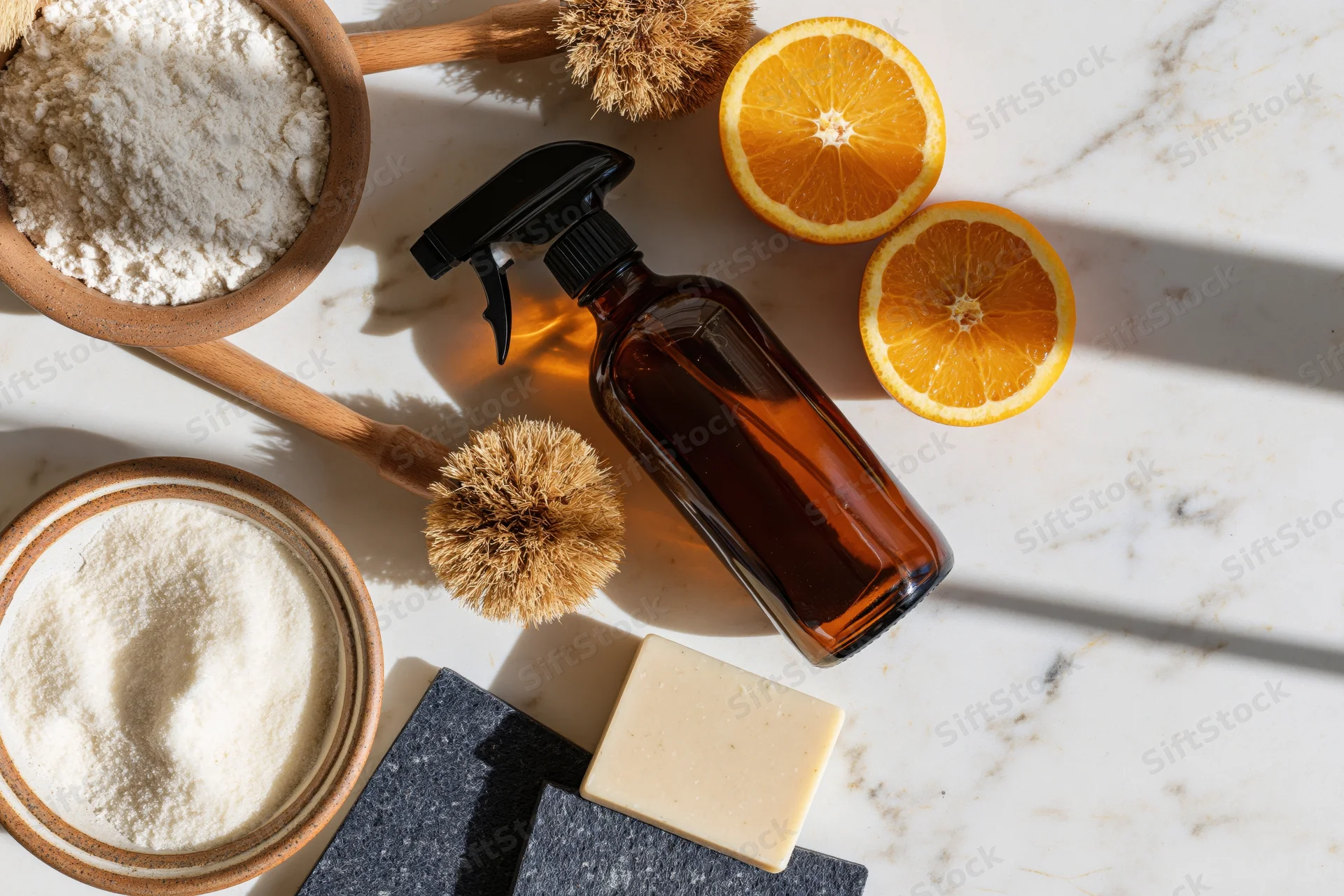 Natural cleaning supplies arranged on a marble countertop in flat lay overhead view