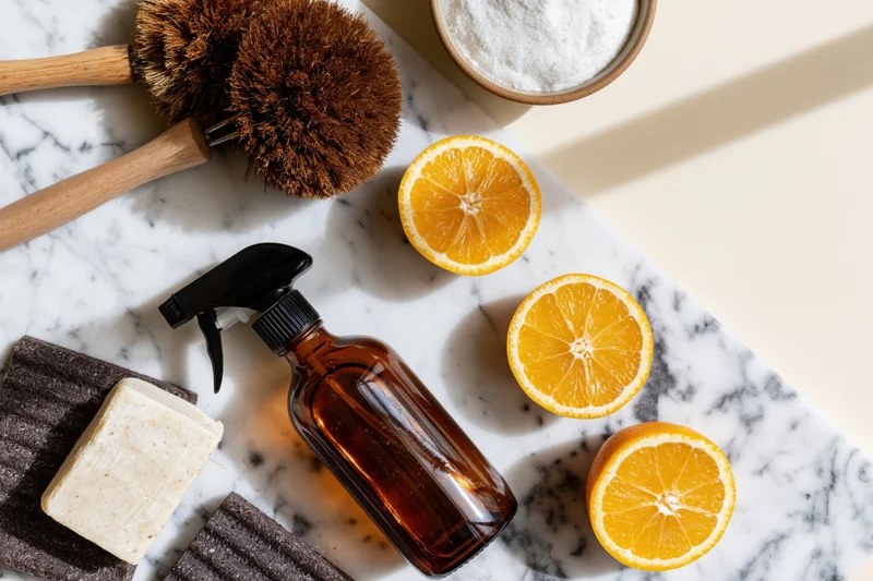 Natural cleaning supplies arranged on a marble countertop in flat lay overhead view