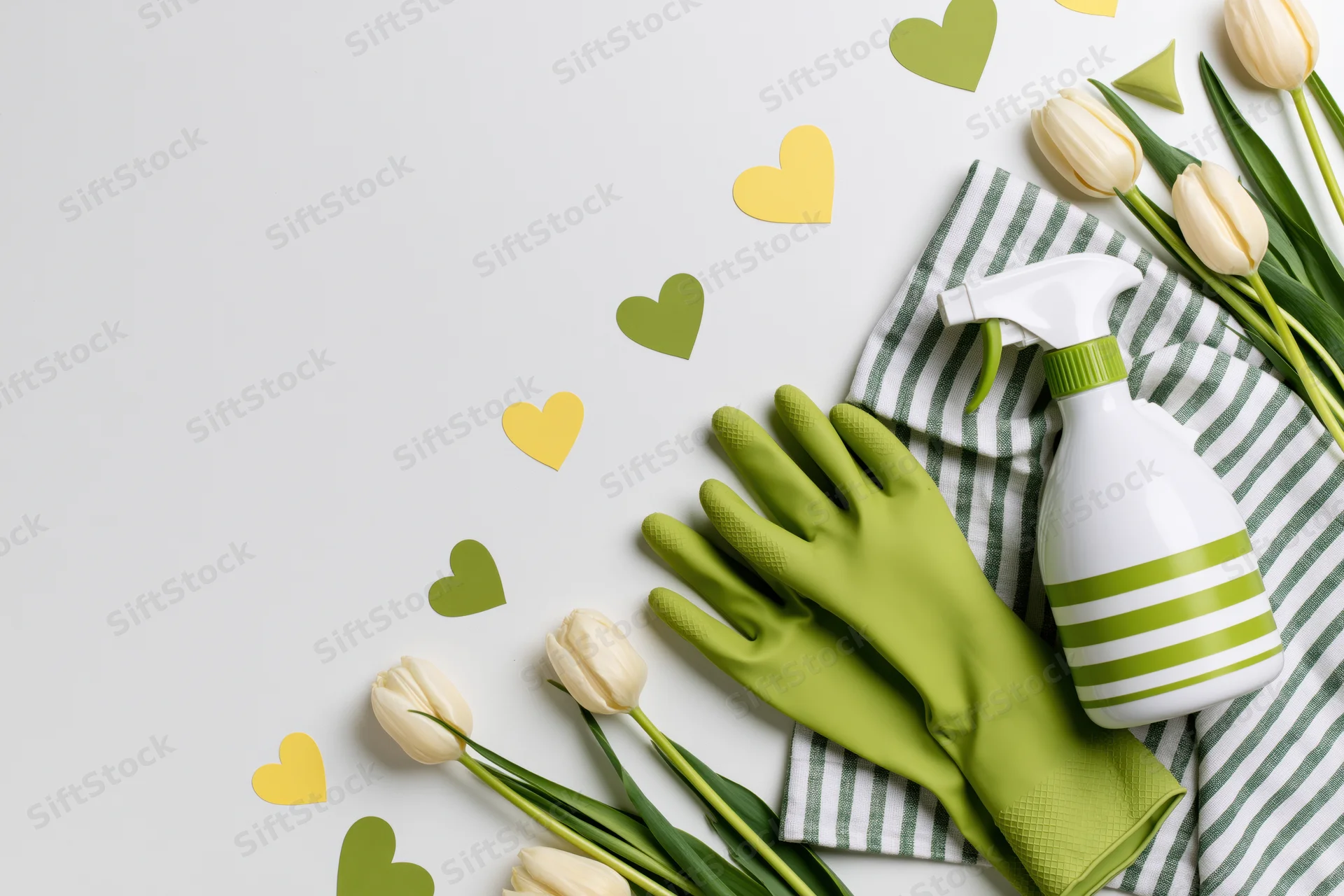 Spring cleaning supplies arranged with tulips and hearts on a white surface