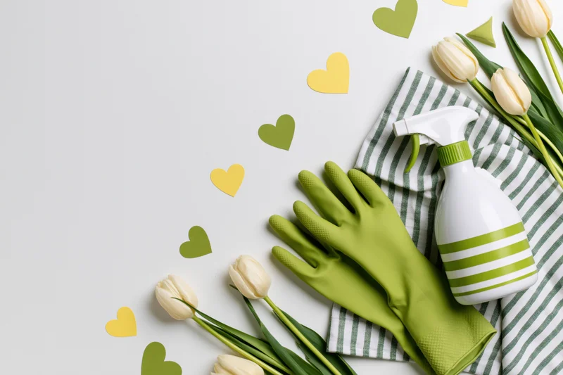 Spring cleaning supplies arranged with tulips and hearts on a white surface