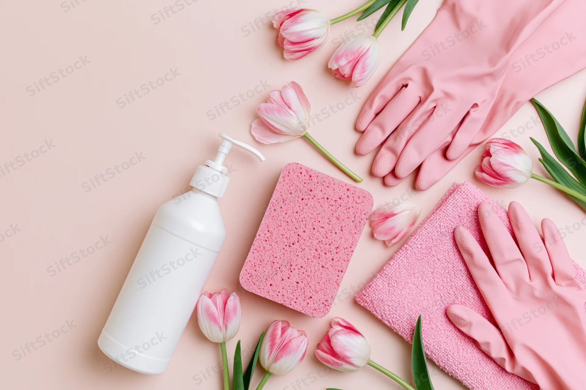 Spring cleaning supplies arranged with pink gloves, sponge, towel, bottle and tulips on pastel pink surface