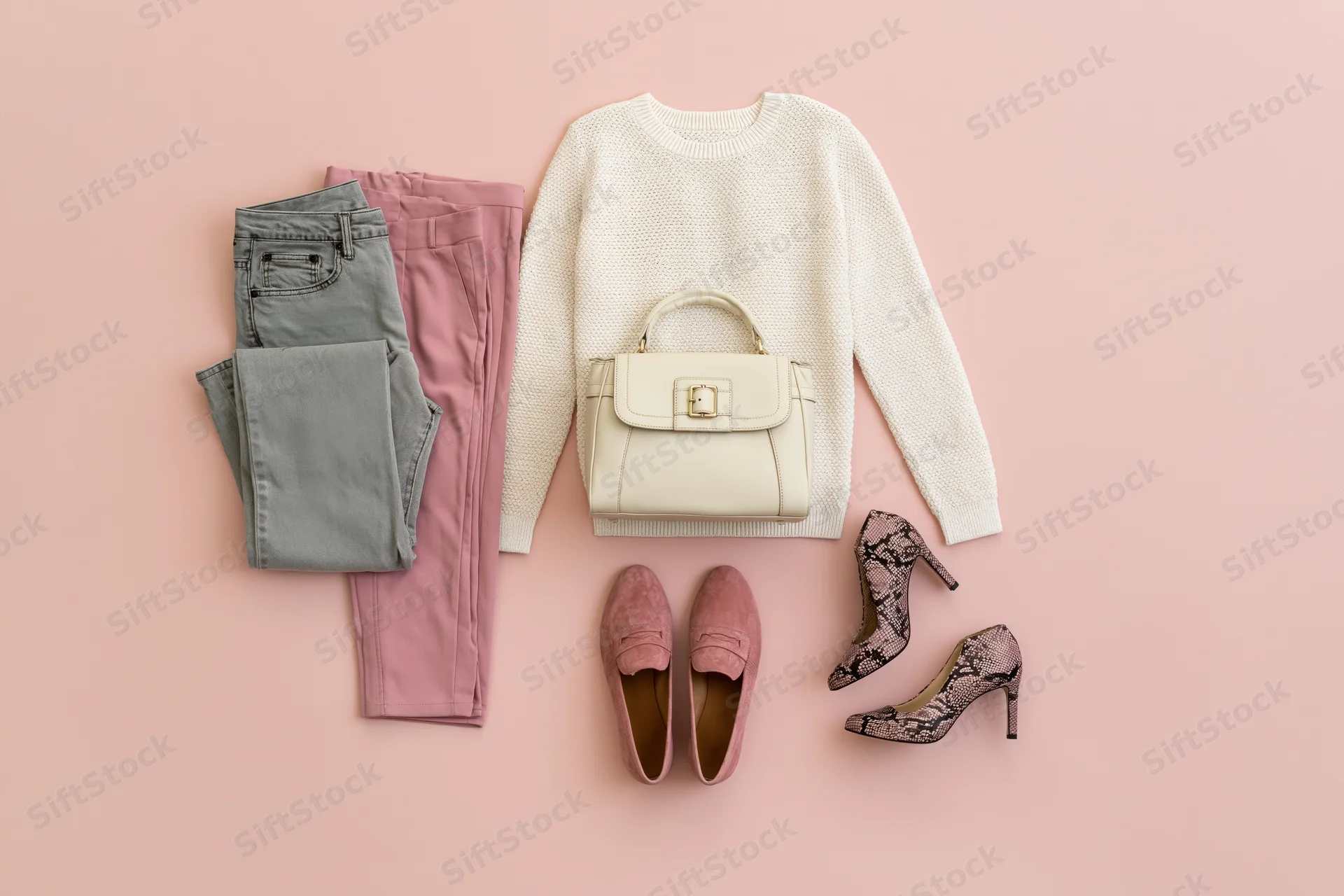 Women's fashion flat lay with sweater, jeans, trousers, handbag, loafers and heels on pink background