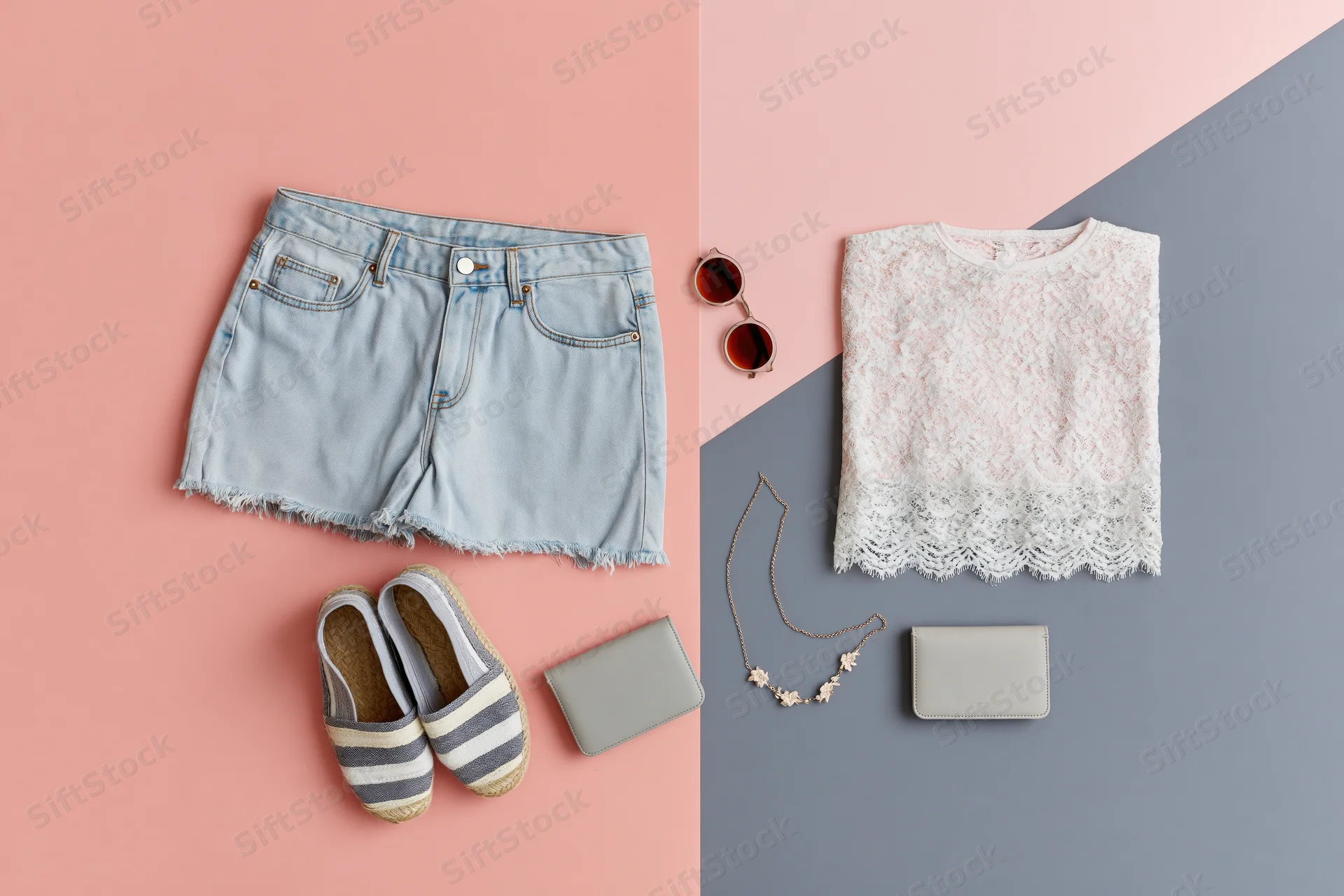 Flat lay of women's summer outfit with denim shorts, lace top, espadrilles, wallet, sunglasses and necklace on pink and gray background